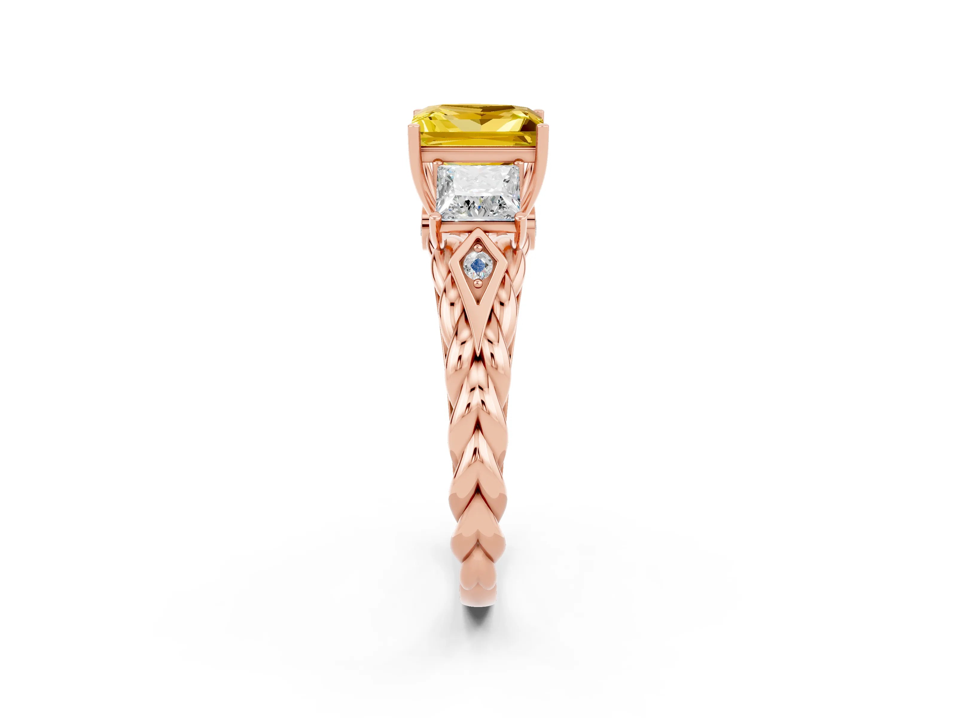 Rose gold Three-Stone Princess Cut Yellow Sapphire Braided Band Ring with Four-Prong Setting_38