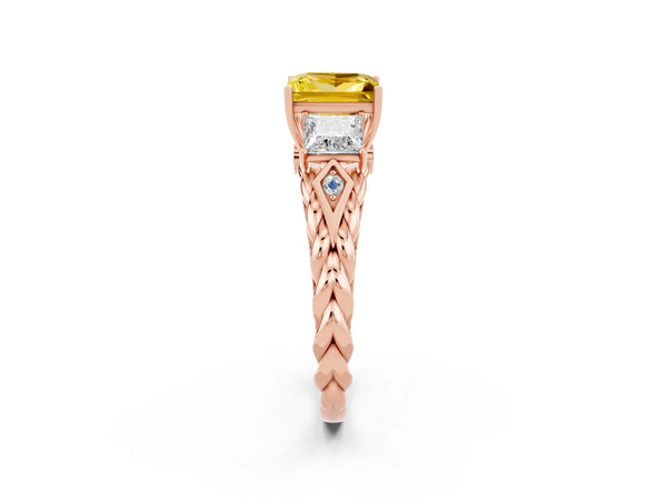 Rose gold Three-Stone Princess Cut Yellow Sapphire Braided Band Ring with Four-Prong Setting