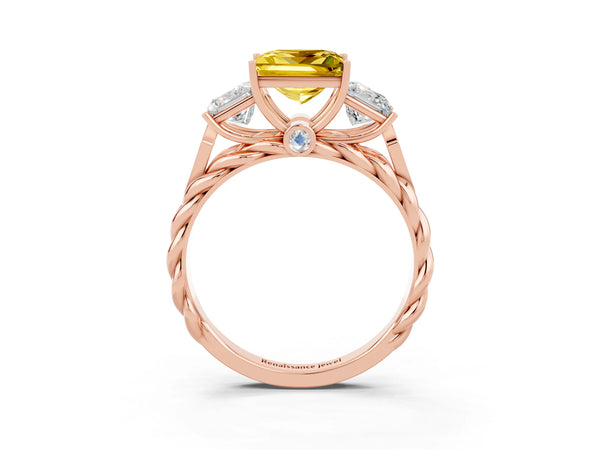 Rose gold Three-Stone Princess Cut Yellow Sapphire Braided Band Ring with Four-Prong Setting
