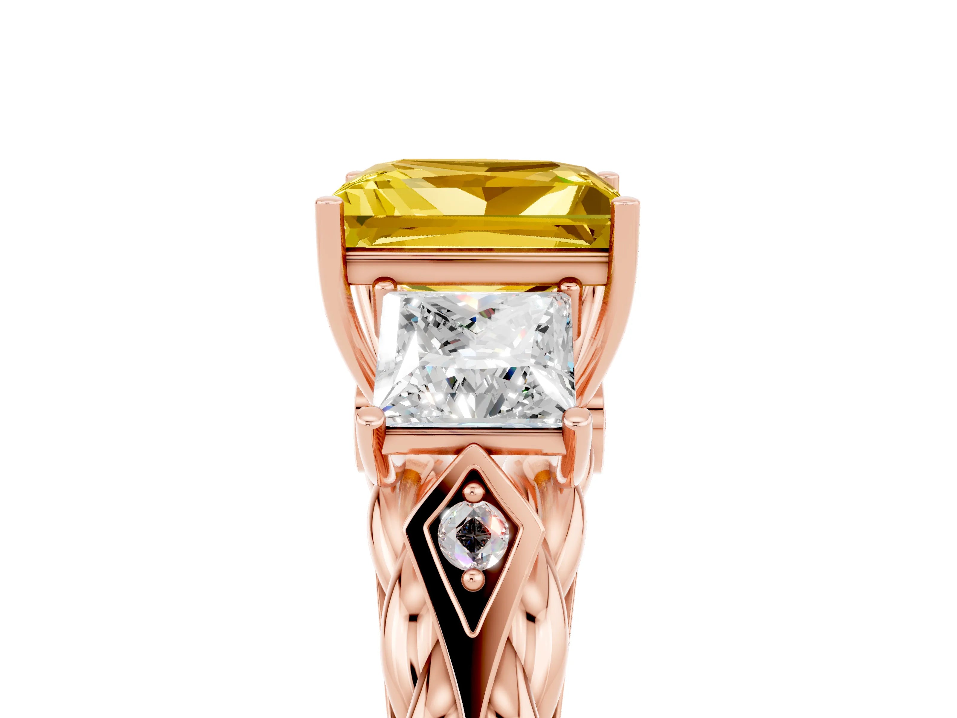 Rose gold Three-Stone Princess Cut Yellow Sapphire Braided Band Ring with Four-Prong Setting_41