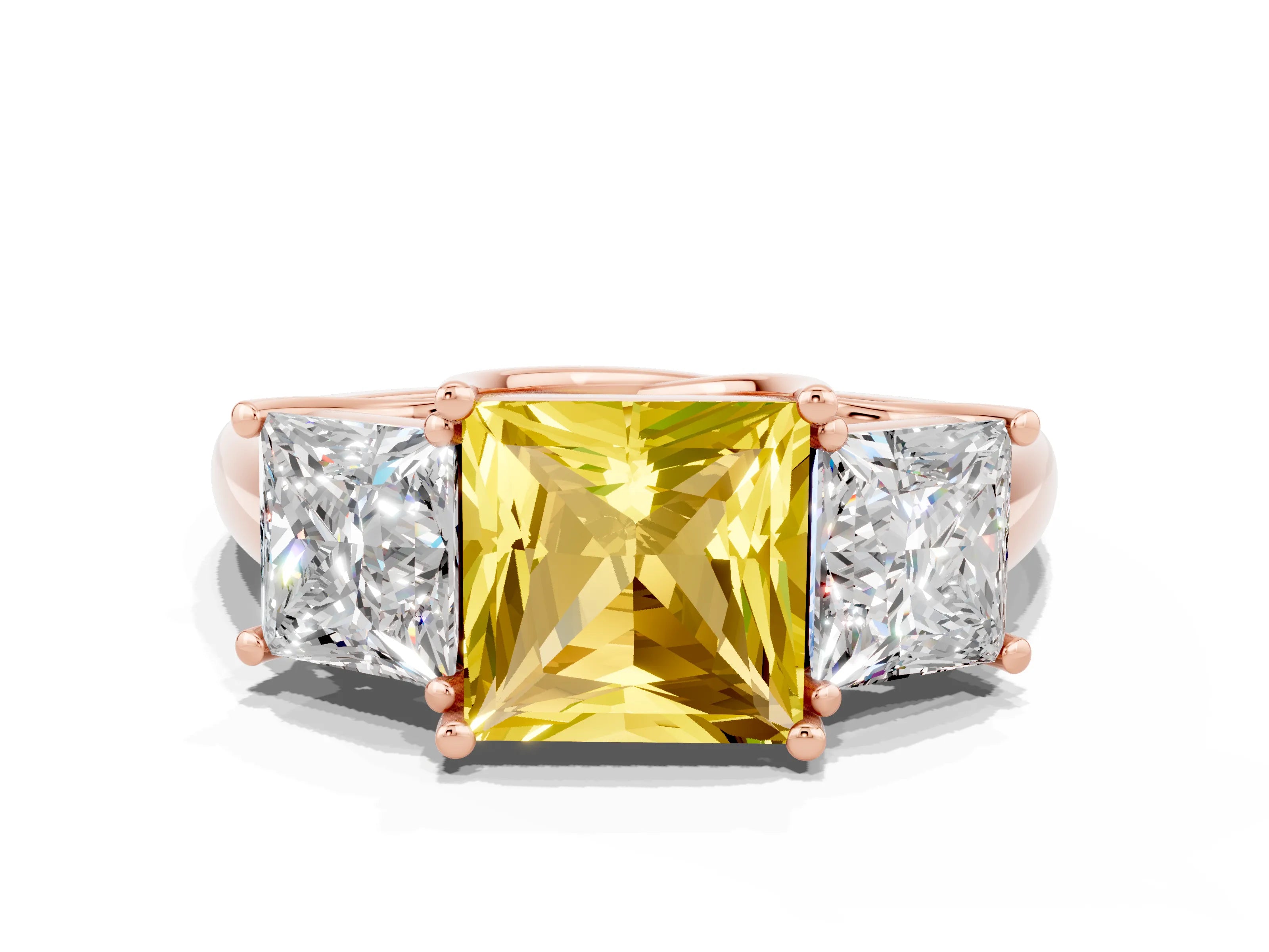 Rose gold Three-Stone Princess Cut Yellow Sapphire Engagement Ring with Prong Setting