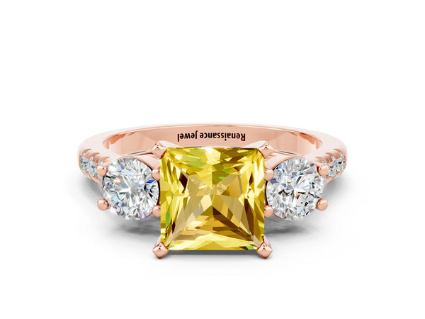 Rose gold Three-Stone Princess Cut Yellow Sapphire Pavé Band with Four-Prong Setting