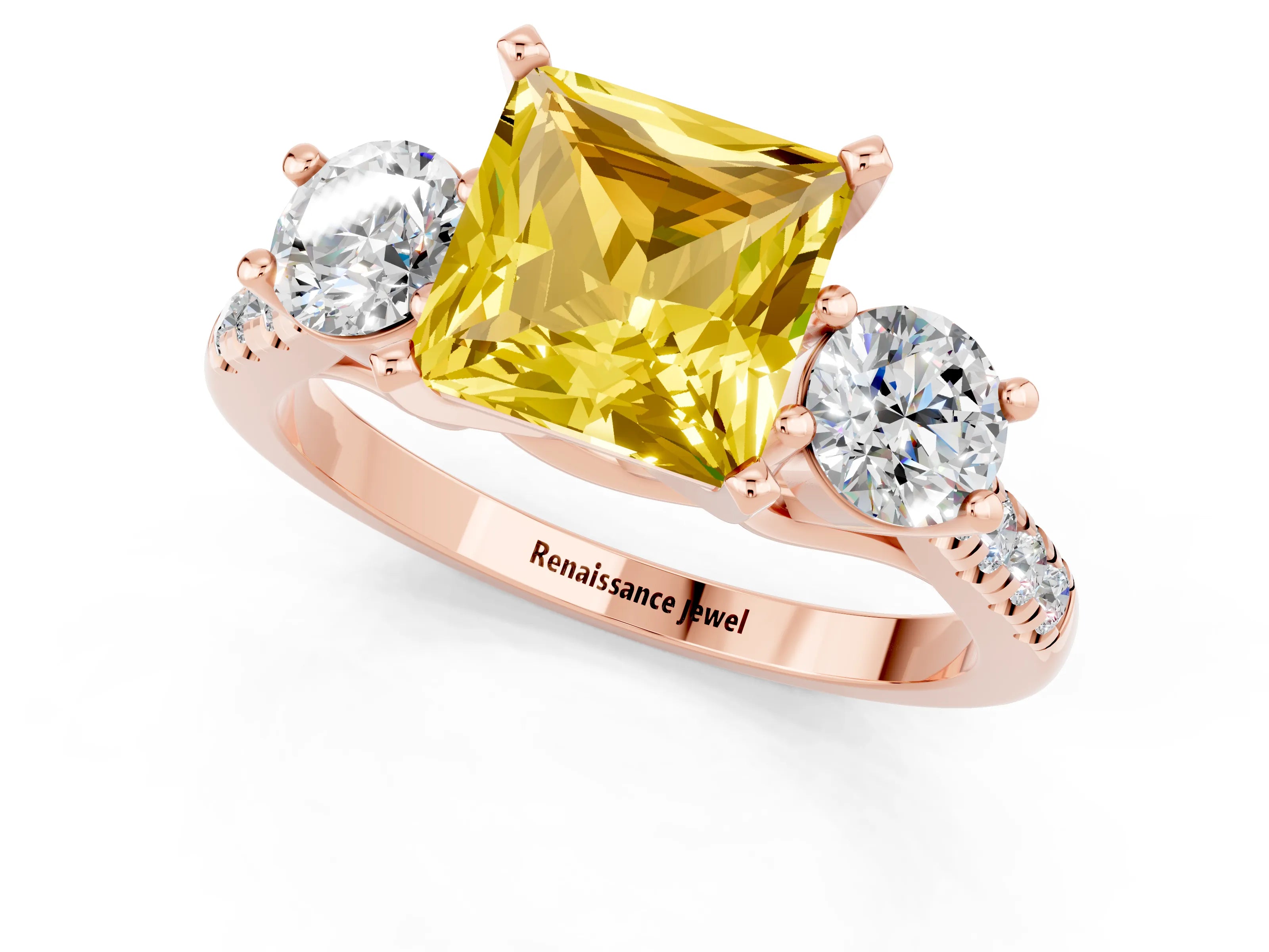 Rose gold Three-Stone Princess Cut Yellow Sapphire Pavé Band with Four-Prong Setting_25