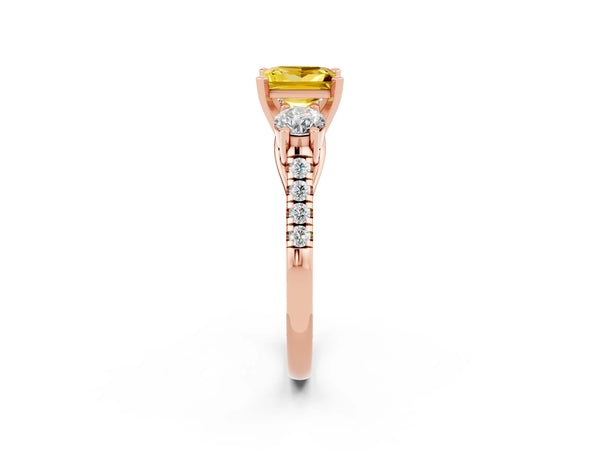 Rose gold Three-Stone Princess Cut Yellow Sapphire Pavé Band with Four-Prong Setting