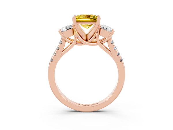 Rose gold Three-Stone Princess Cut Yellow Sapphire Pavé Band with Four-Prong Setting