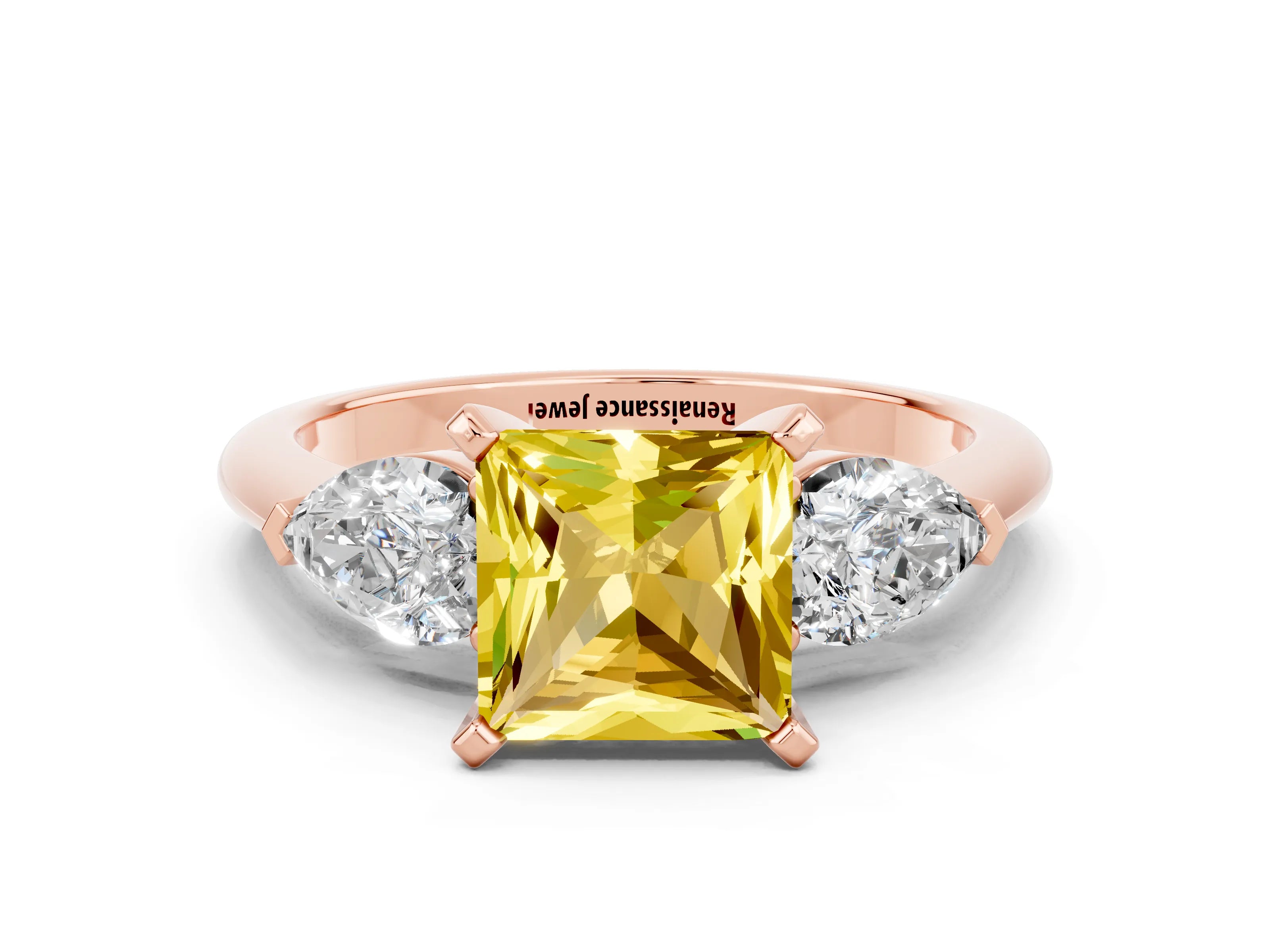 Rose gold Three-Stone Princess Cut Yellow Sapphire Ring with Pear Side Stones and Four-Prong Setting_24