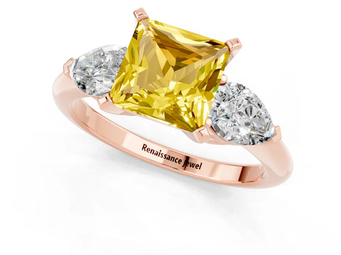 Rose gold Three-Stone Princess Cut Yellow Sapphire Ring with Pear Side Stones and Four-Prong Setting_25