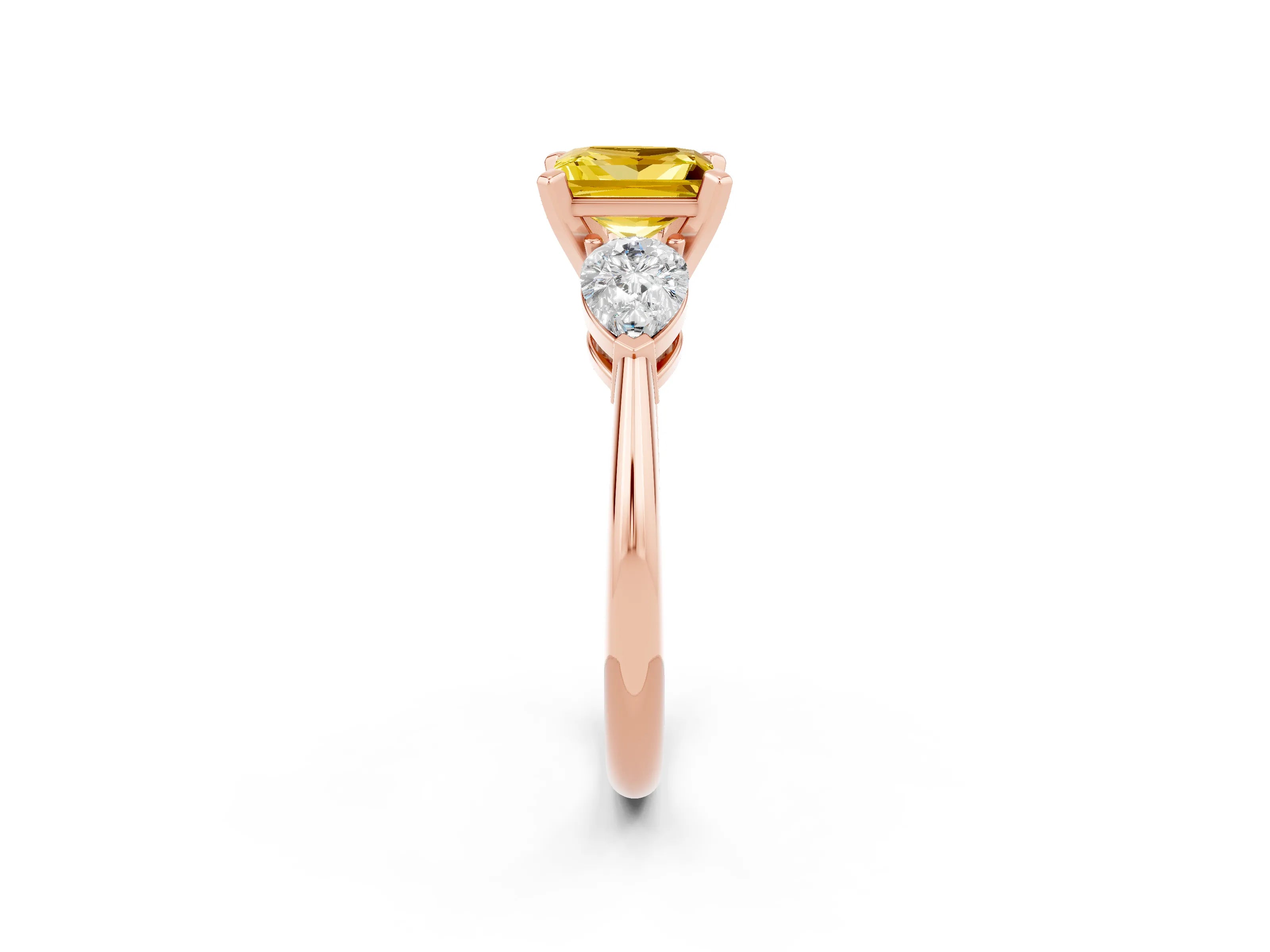 Rose gold Three-Stone Princess Cut Yellow Sapphire Ring with Pear Side Stones and Four-Prong Setting_26