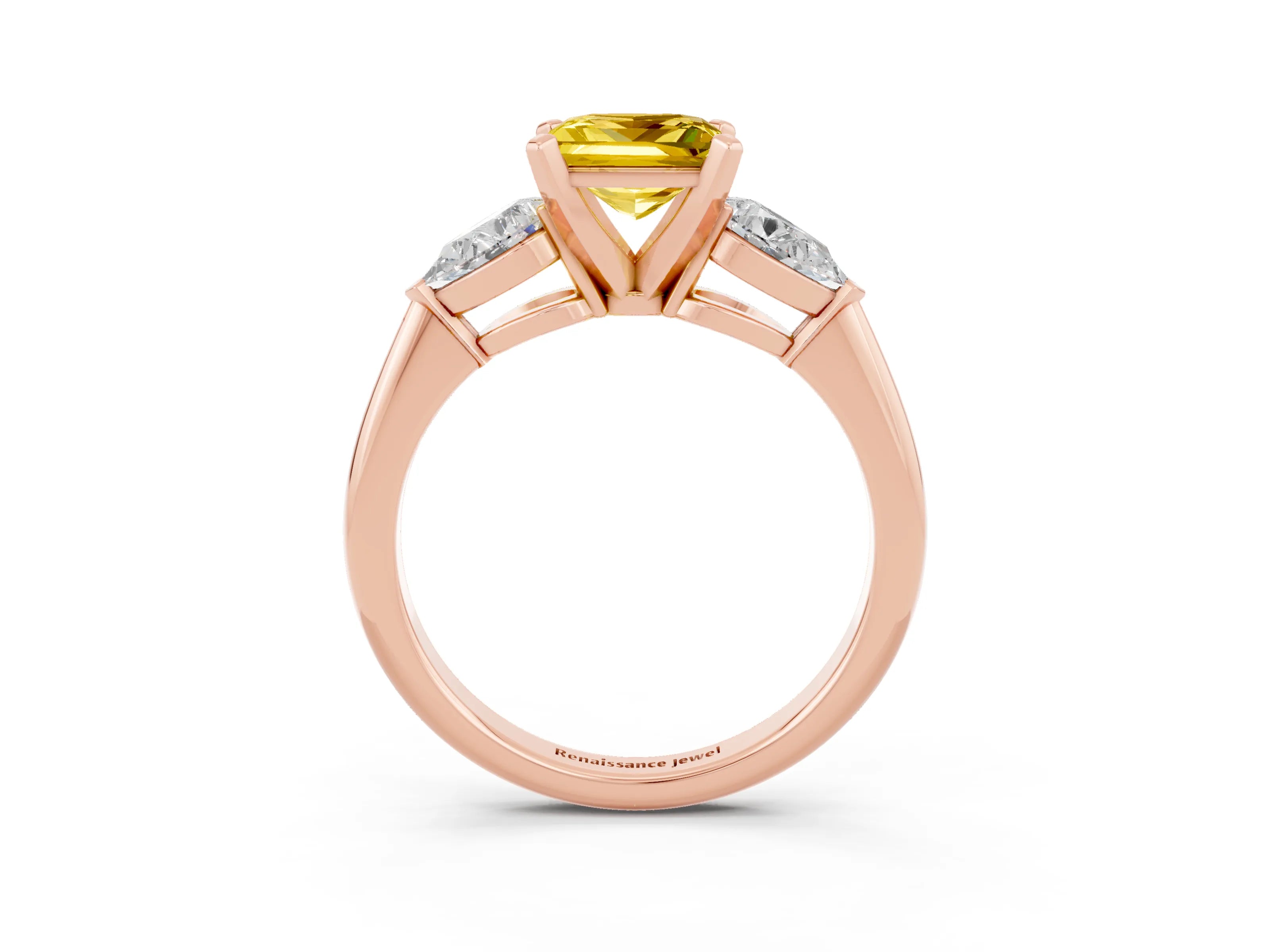 Rose gold Three-Stone Princess Cut Yellow Sapphire Ring with Pear Side Stones and Four-Prong Setting_27