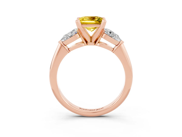 Rose gold Three-Stone Princess Cut Yellow Sapphire Ring with Pear Side Stones and Four-Prong Setting