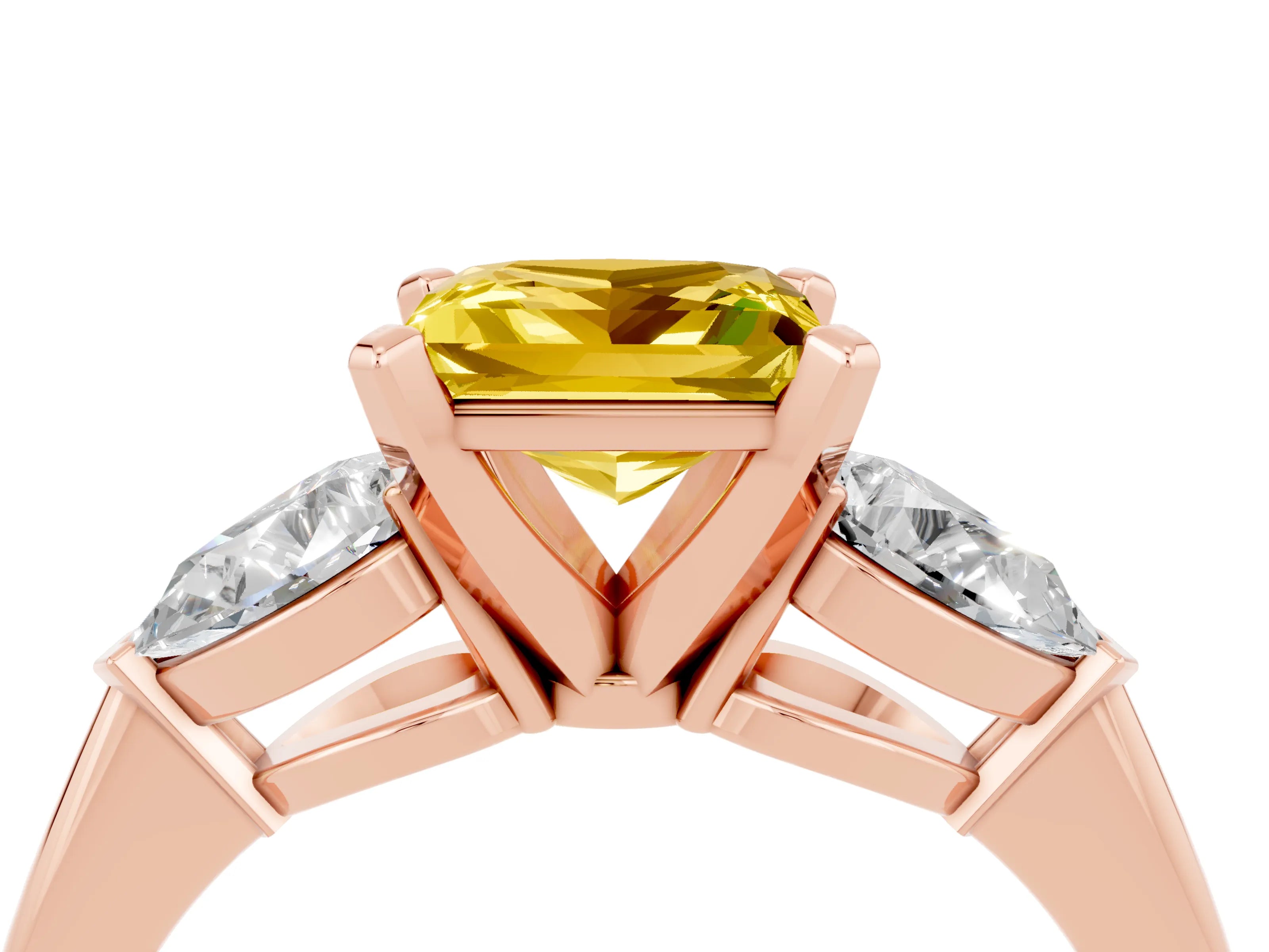 Rose gold Three-Stone Princess Cut Yellow Sapphire Ring with Pear Side Stones and Four-Prong Setting_28
