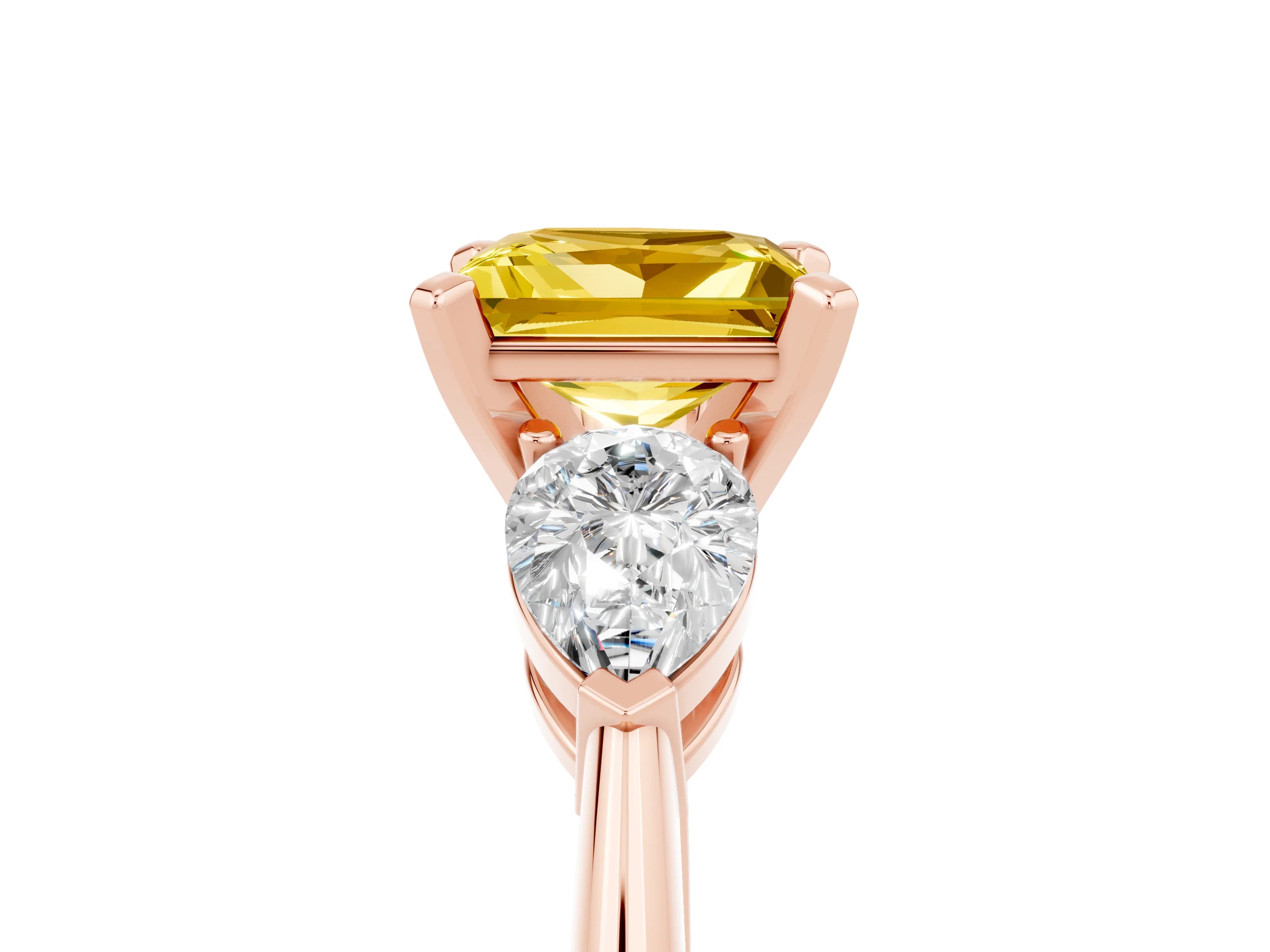 Rose gold Three-Stone Princess Cut Yellow Sapphire Ring with Pear Side Stones and Four-Prong Setting_29