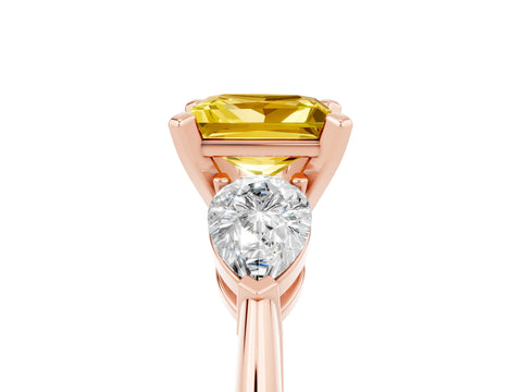 Rose gold Three-Stone Princess Cut Yellow Sapphire Ring with Pear Side Stones and Four-Prong Setting_29
