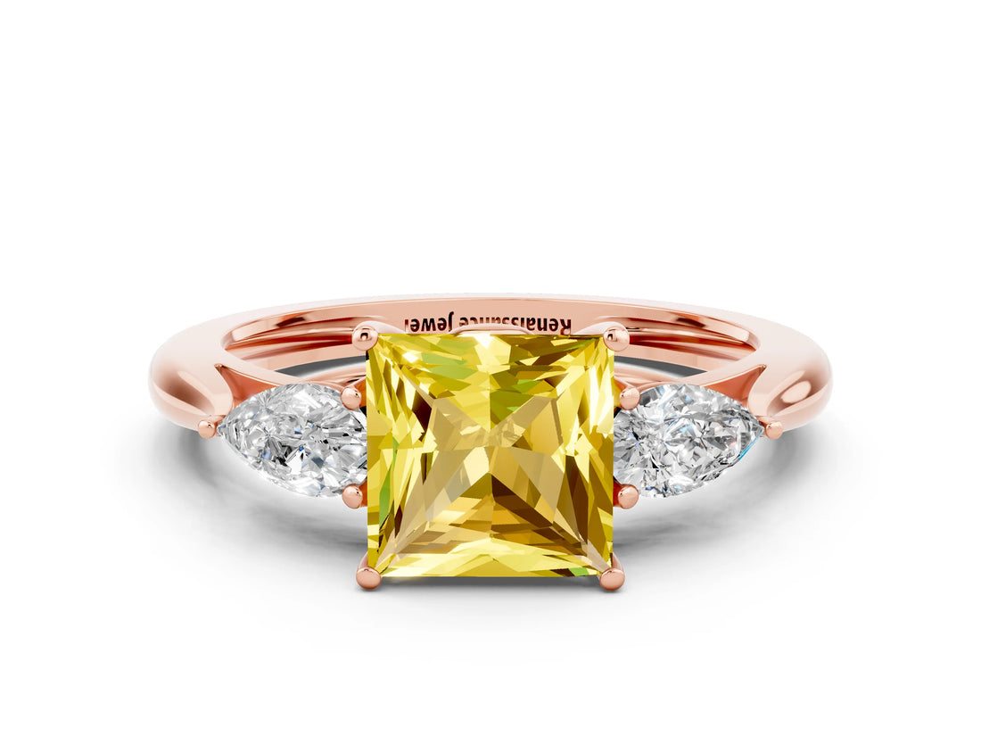 Rose gold Three-Stone Princess Cut Yellow Sapphire Ring with Pear  Side Stones in Four-Prong Setting_12