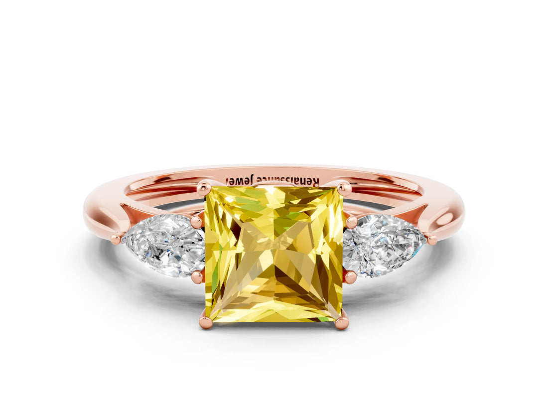 Rose gold Three-Stone Princess Cut Yellow Sapphire Ring with Pear  Side Stones in Four-Prong Setting_36