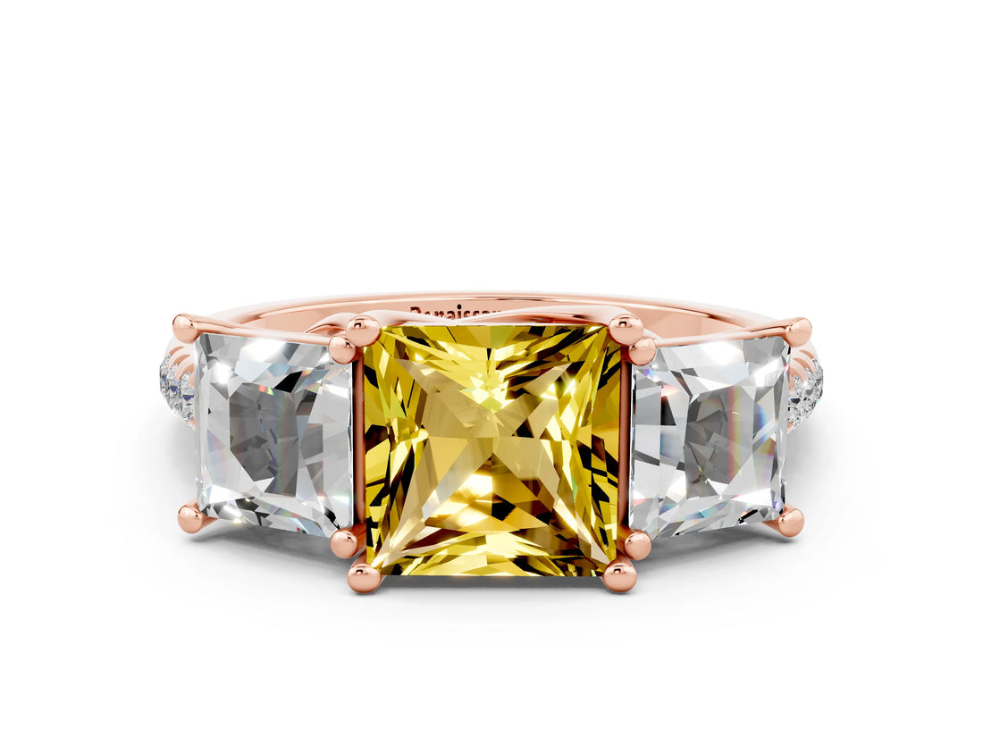 Rose gold Three-Stone Princess Cut Yellow Sapphire Ring with Round  Pavé Band and Prong Setting_12