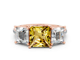 Rose gold Three-Stone Princess Cut Yellow Sapphire Ring with Round  Pavé Band and Prong Setting_12