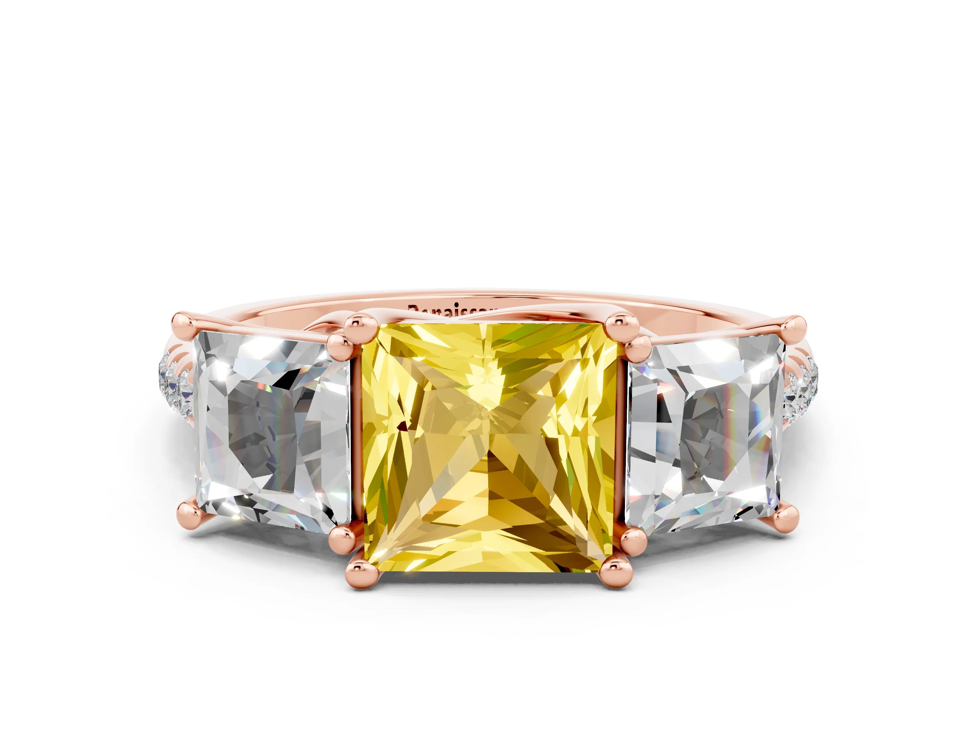 Rose gold Three-Stone Princess Cut Yellow Sapphire Ring with Round  Pavé Band and Prong Setting_48