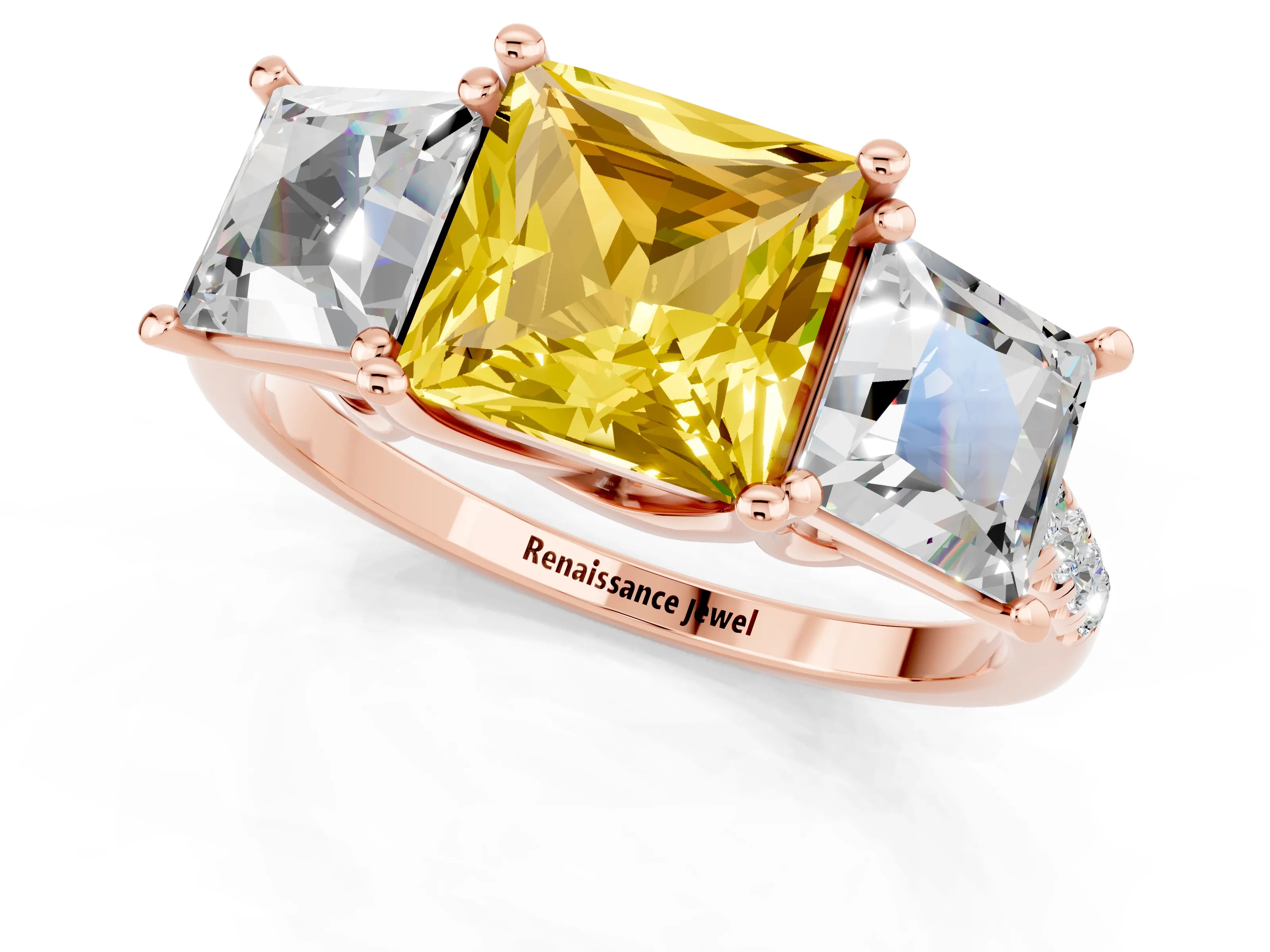 Rose gold Three-Stone Princess Cut Yellow Sapphire Ring with Round  Pavé Band and Prong Setting_49
