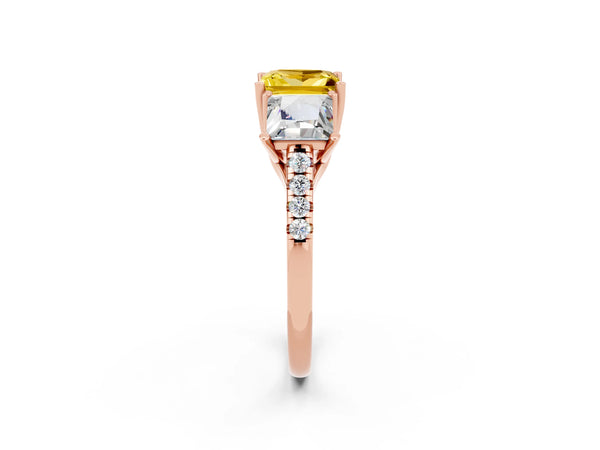 Rose gold Three-Stone Princess Cut Yellow Sapphire Ring with Round  Pavé Band and Prong Setting