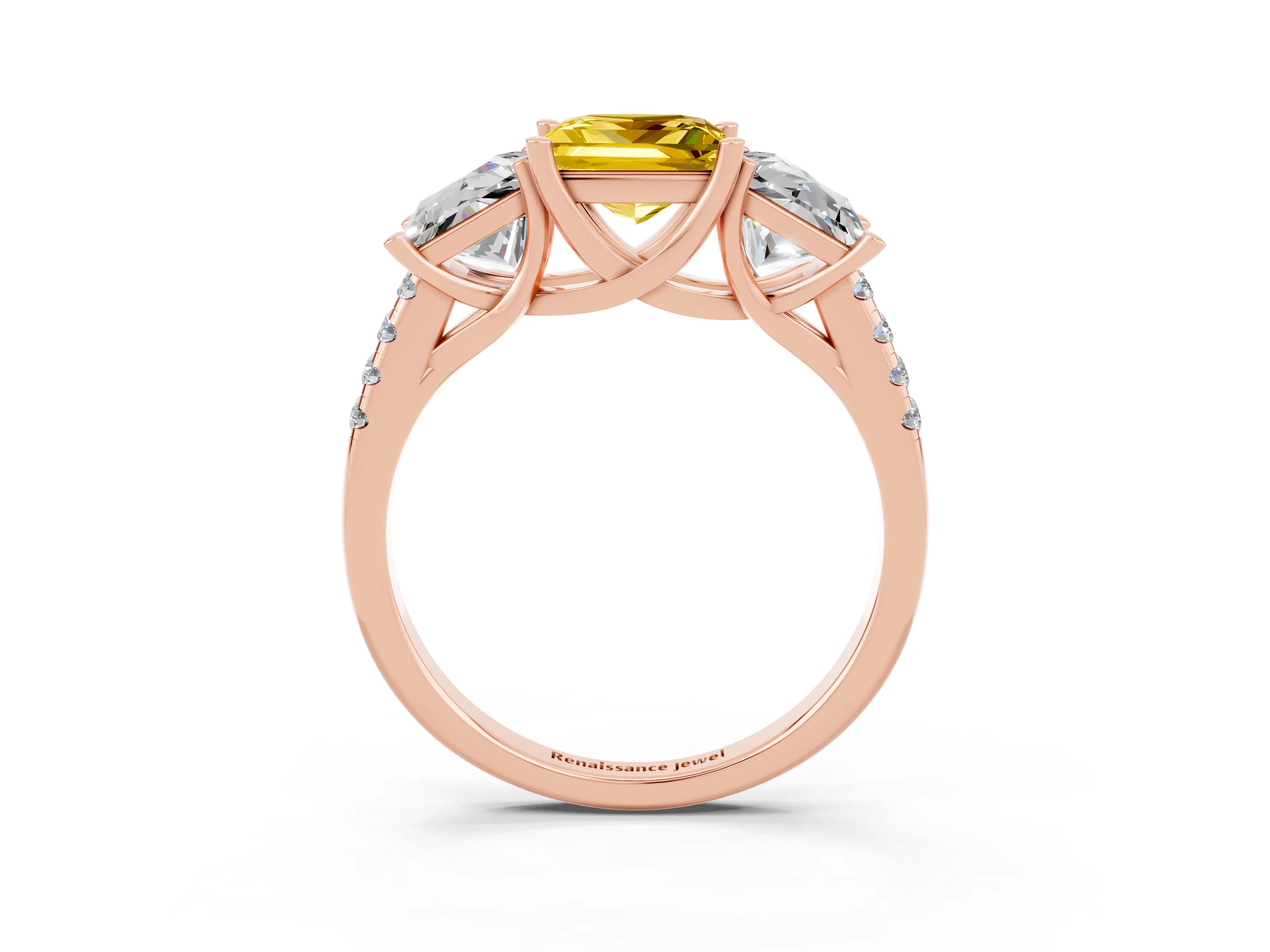 Rose gold Three-Stone Princess Cut Yellow Sapphire Ring with Round  Pavé Band and Prong Setting_51