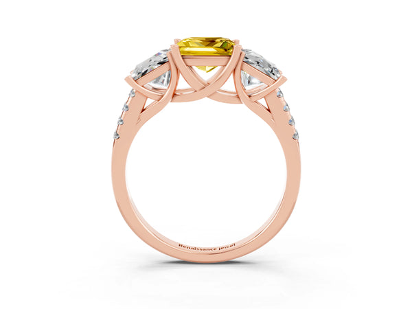 Rose gold Three-Stone Princess Cut Yellow Sapphire Ring with Round  Pavé Band and Prong Setting