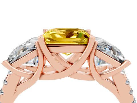 Rose gold Three-Stone Princess Cut Yellow Sapphire Ring with Round  Pavé Band and Prong Setting_52