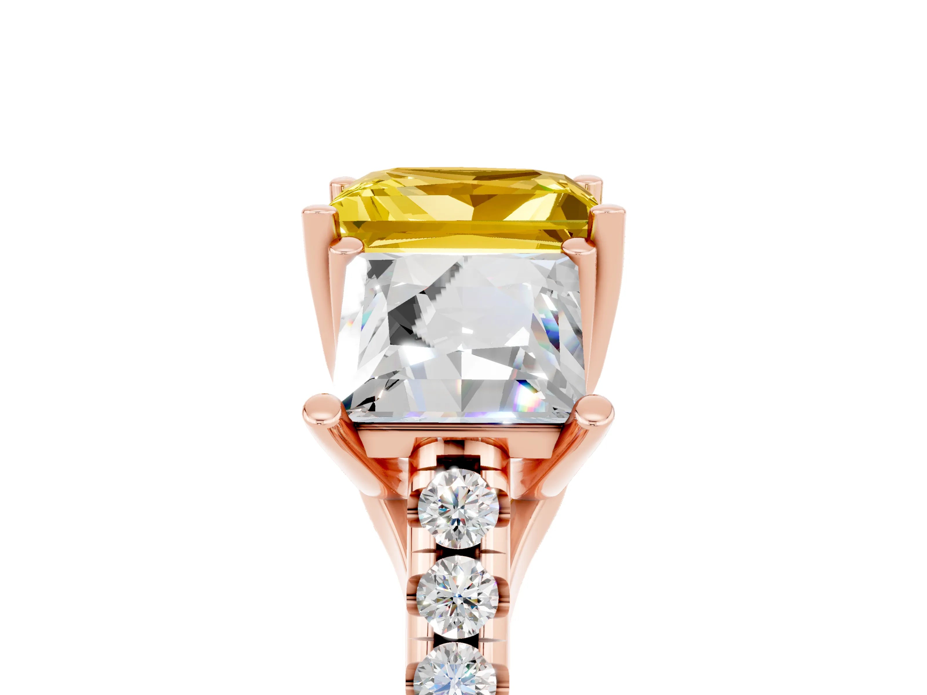 Rose gold Three-Stone Princess Cut Yellow Sapphire Ring with Round  Pavé Band and Prong Setting_53