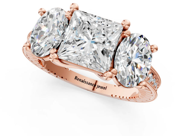 Rose gold Three-Stone Princess Diamond Milgrain Pave Band with Prong Setting
