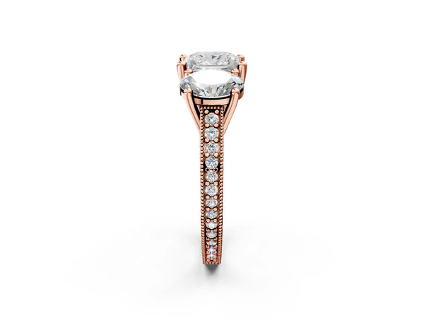 Rose gold Three-Stone Princess Diamond Milgrain Pave Band with Prong Setting