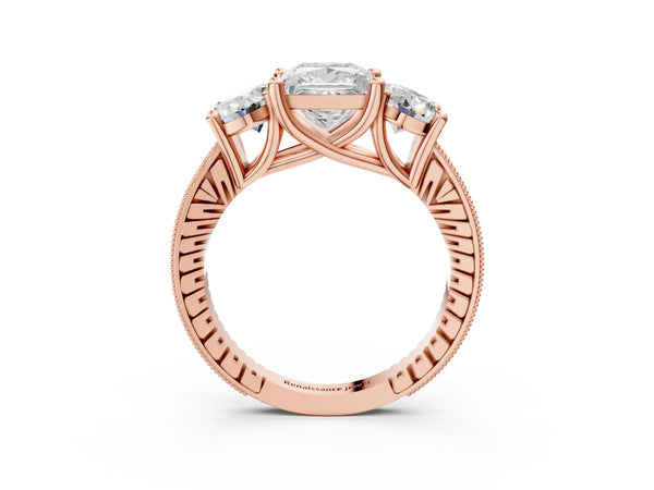 Rose gold Three-Stone Princess Diamond Milgrain Pave Band with Prong Setting