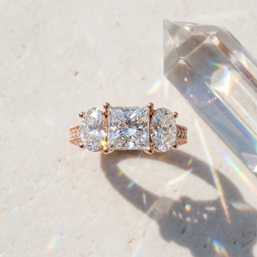 Rose gold Three-Stone Princess Diamond Milgrain Pave Band with Prong Setting