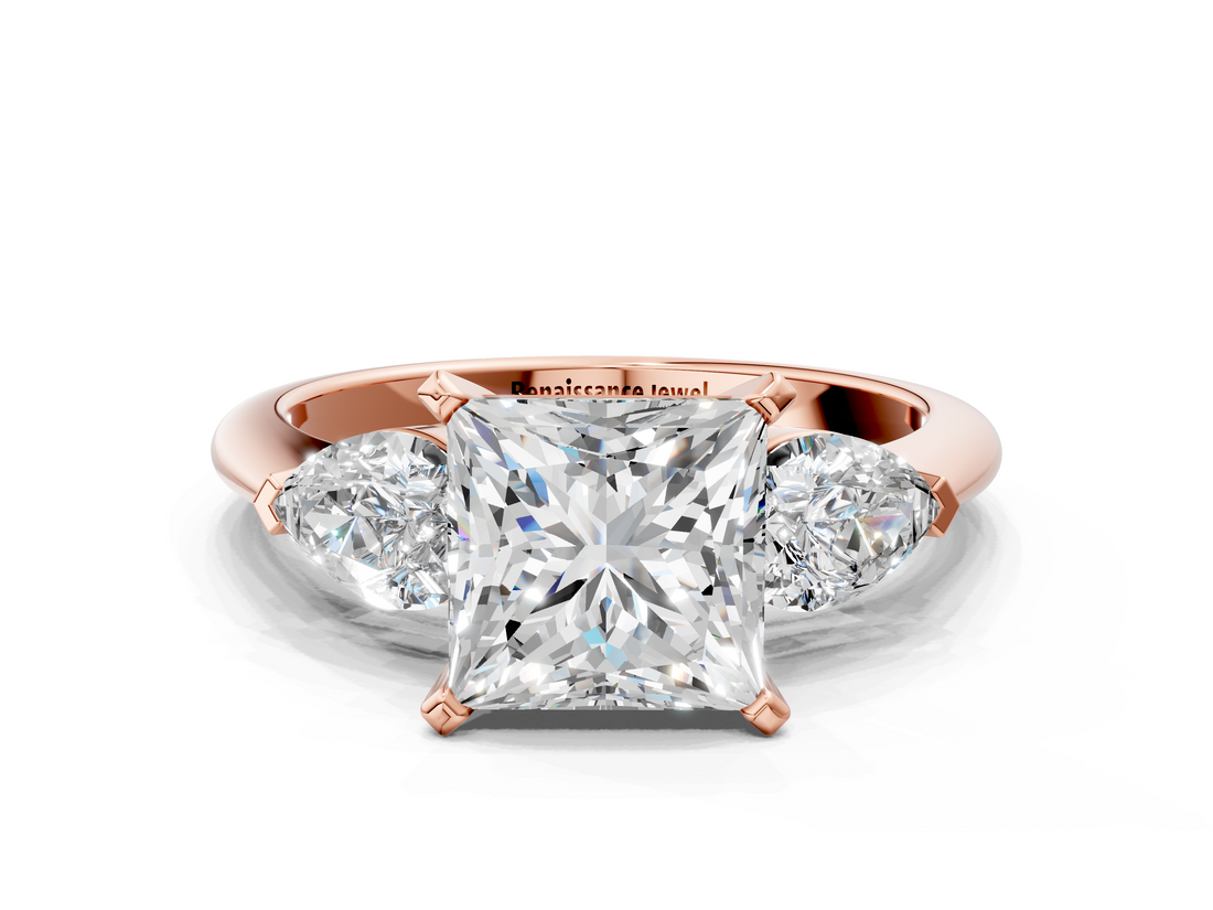 Rose gold Three-Stone Princess Diamond Ring with Pear Side Stones in Four-Prong Setting_84