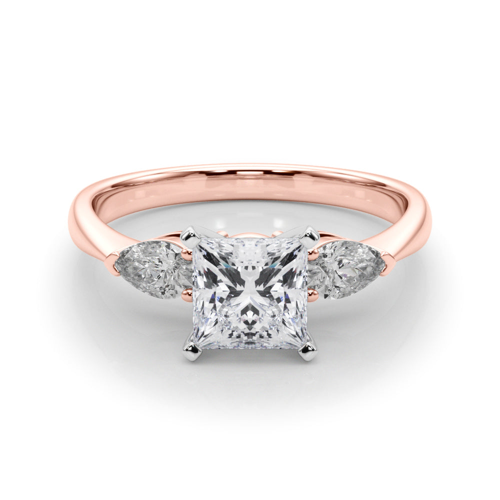 Rose gold Three-Stone Princess Diamond Ring with Pear Side Stones on a Platinum Band with Four-Prong Setting 1