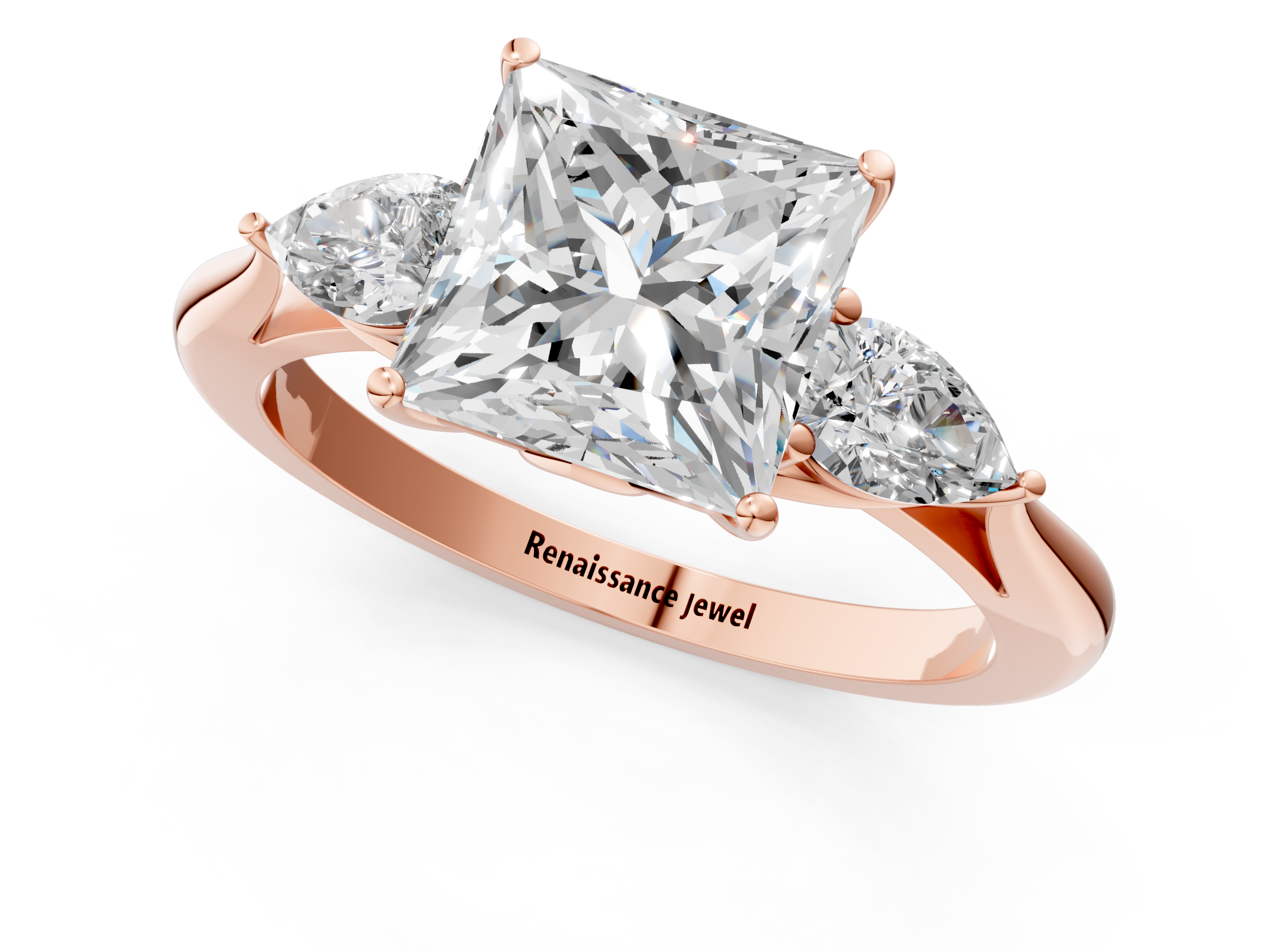Rose gold Three-Stone Princess Diamond Solitaire Ring with Pear Side Stones and Four-Prong Setting_61