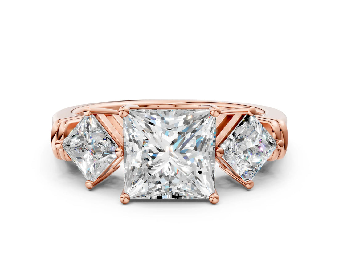 Rose gold Three-Stone Princess and Princess Cut Diamond Ring with Channel Band and Four-Prong Setting_16
