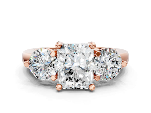 Rose Gold Radiant Cut Three Stone Engagement Ring Setting with Open Prong Baskets