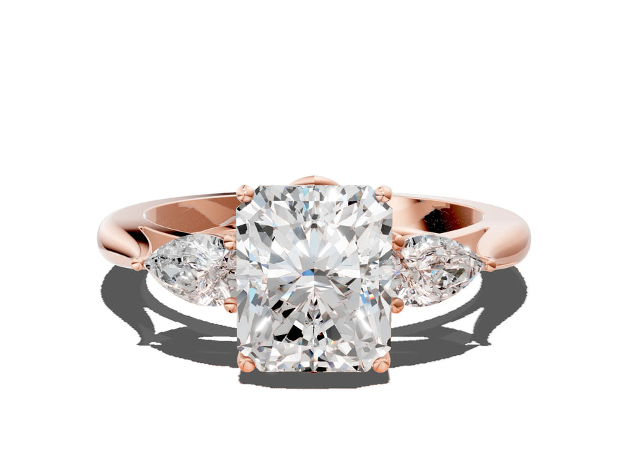 Rose gold Three-Stone Radiant Cut Brilliant Diamond Solitaire Ring with Tapered Band and Four-Prong Setting