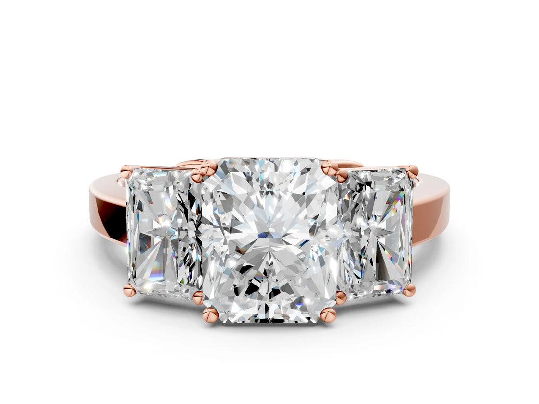 Rose gold Three-Stone Radiant Cut Cut Diamond Engagement Ring with Flat Band and Four-Prong Setting_15