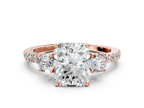 Rose gold Three-Stone Radiant Cut Cut Diamond Pavé Band with Prong Setting