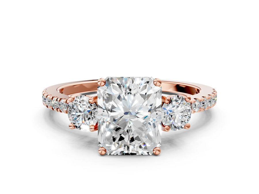 Rose gold Three-Stone Radiant Cut Cut Diamond Pavé Band with Prong Setting