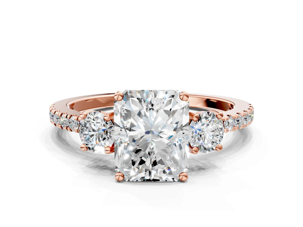 Rose gold Three-Stone Radiant Cut Cut Diamond Pavé Band with Prong Setting