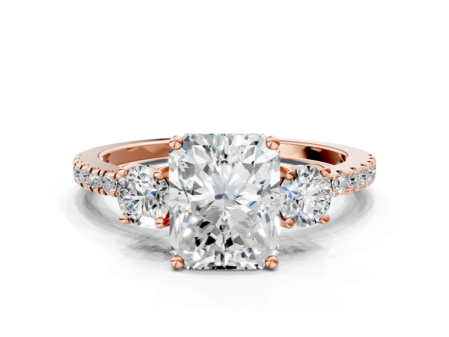 Rose gold Three-Stone Radiant Cut Cut Diamond Pavé Band with Prong Setting