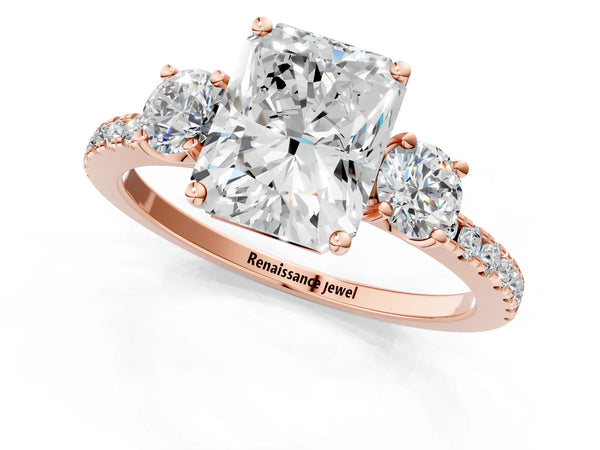 Rose gold Three-Stone Radiant Cut Cut Diamond Pavé Band with Prong Setting