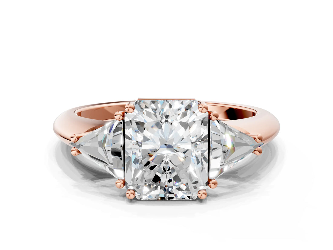 Rose gold Three-Stone Radiant Cut Cut Diamond Ring with Trillion Side Stones and Four-Prong Setting_3