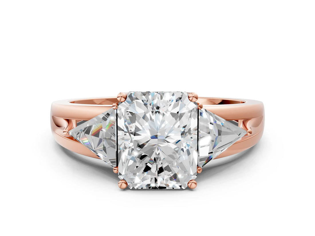 Rose gold Three-Stone Radiant Cut Cut Diamond Ring with Trillion Side Stones on a Split Shank Band_13