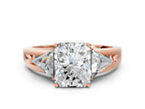 Rose gold Three-Stone Radiant Cut Cut Diamond Ring with Trillion Side Stones on a Split Shank Band_13