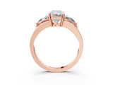 Rose gold Three-Stone Radiant Cut Cut Diamond Ring with Trillion Side Stones on a Split Shank Band_16
