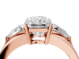 Rose gold Three-Stone Radiant Cut Cut Diamond Ring with Trillion Side Stones on a Split Shank Band_17