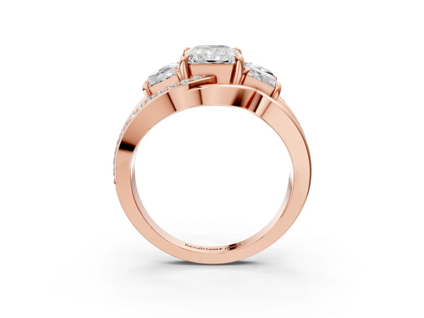 Rose Gold Radiant Cut Three Stone Engagement Ring Setting with Matching Sides and Pave Split Shank